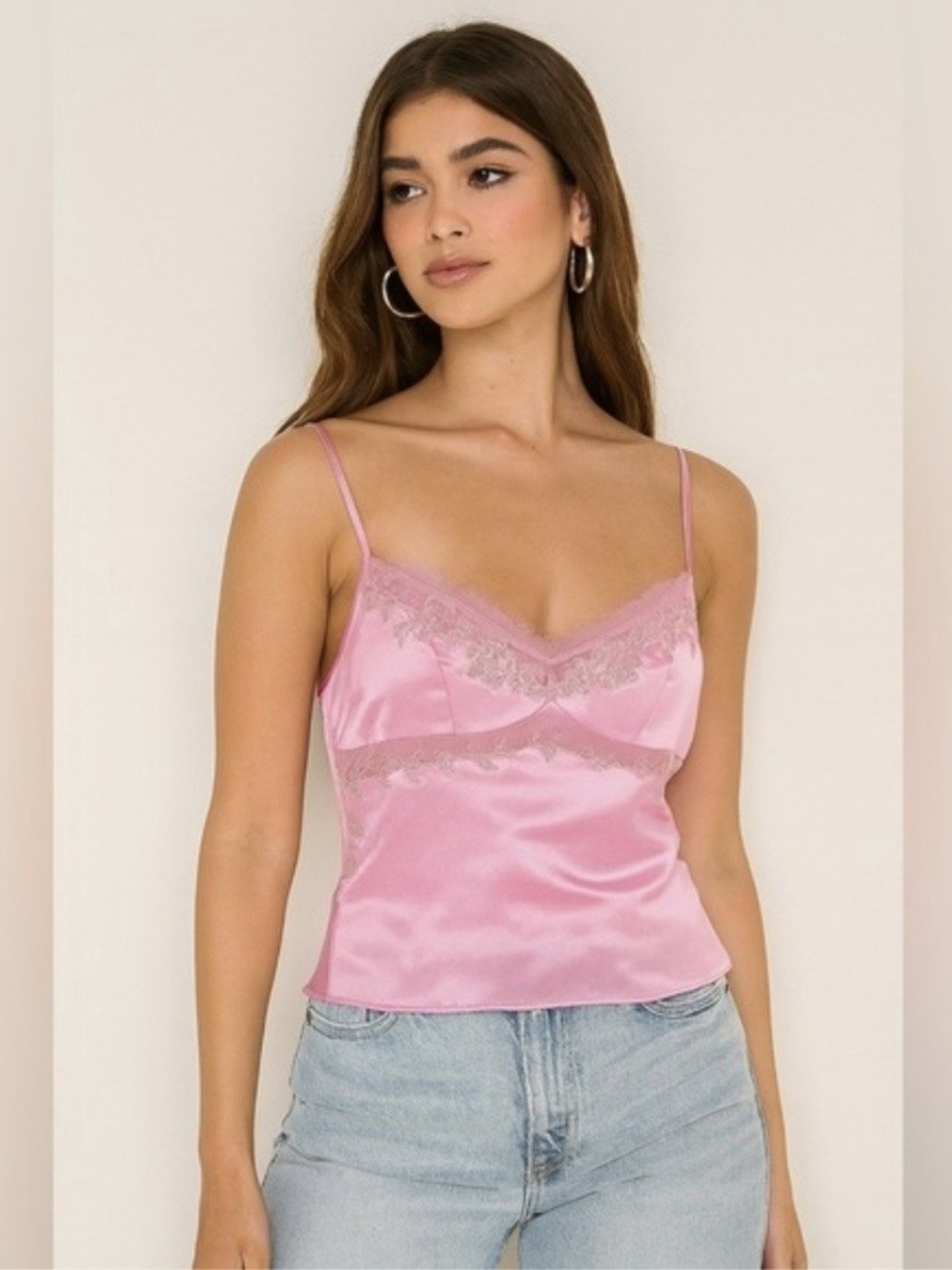 ANTONIO MELANI Pink Satin Lace-Trim Camisole